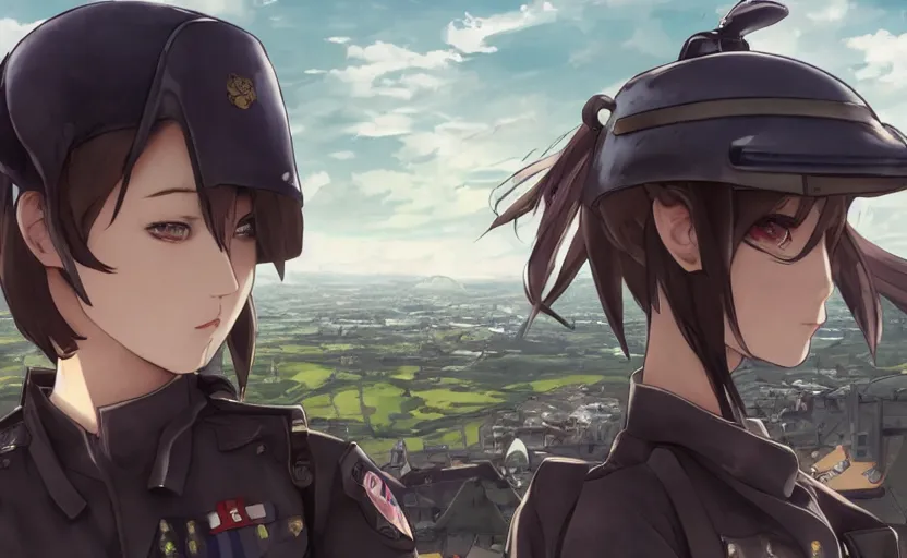 Image similar to panoramic view, girl, soldier clothing, battlefield in background, anime style, short hair, hair down, generate faces, realistic anatomy, symmetrical facial features, from arknights, hyper realistic, 4 k, extreme detail, detailed drawing, trending artstation, safebooru, realistic lighting, by alphonse mucha, greg rutkowski, anime eyes, sharp focus