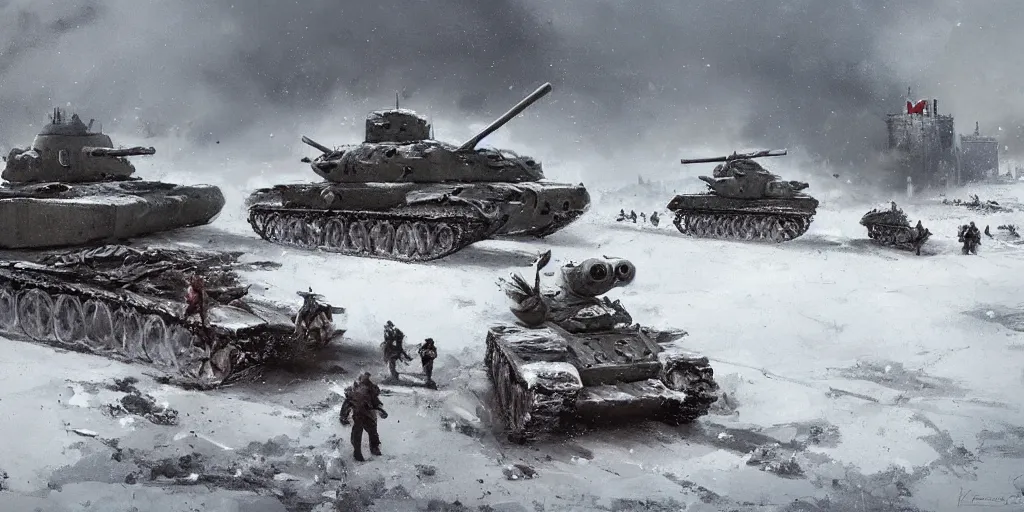 Prompt: World War 2 scene in winter, german and soviet soldiers, german and soviet tanks firing, some tanks destroyed, explosions, blizzard, brutal, dark, concept art, jakub rozalski