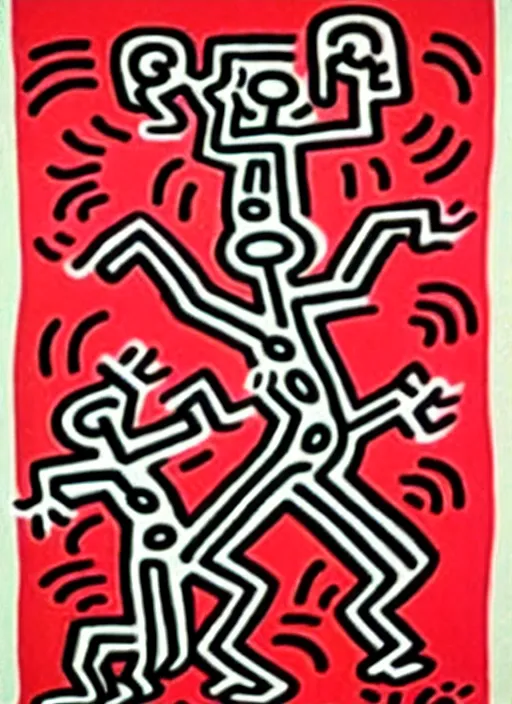 Image similar to image of beautyful female dancing with two dogs by keith haring,