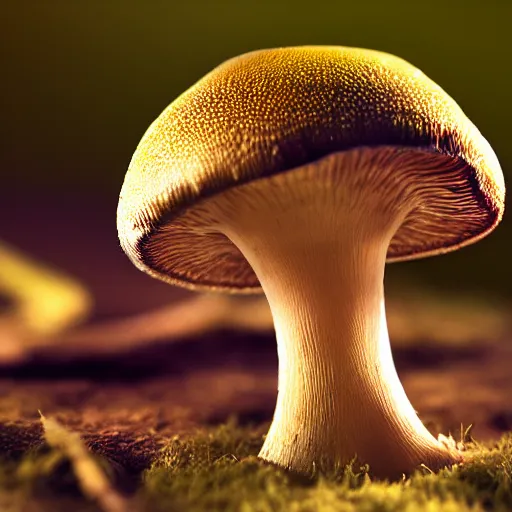 Image similar to golden teacher mushroom in backlighting to dropping spores, unreal engine, closeup