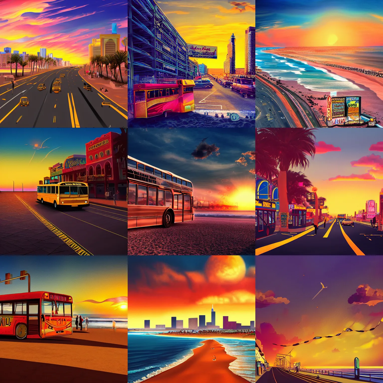 Prompt: atlantic city, gold sand, coast city bus, rumble on the promenade, money, sunset, dramatic, surreal, digital art trending on artstation,