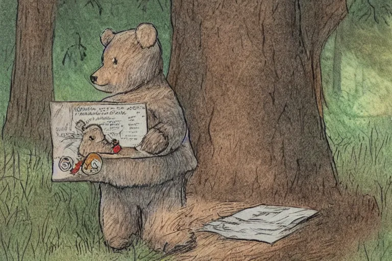 Prompt: a detailed children's book illustration by beatrix potter of a cute female bear child holding an envelope and standing in the woods. digital art, trending on artstation.