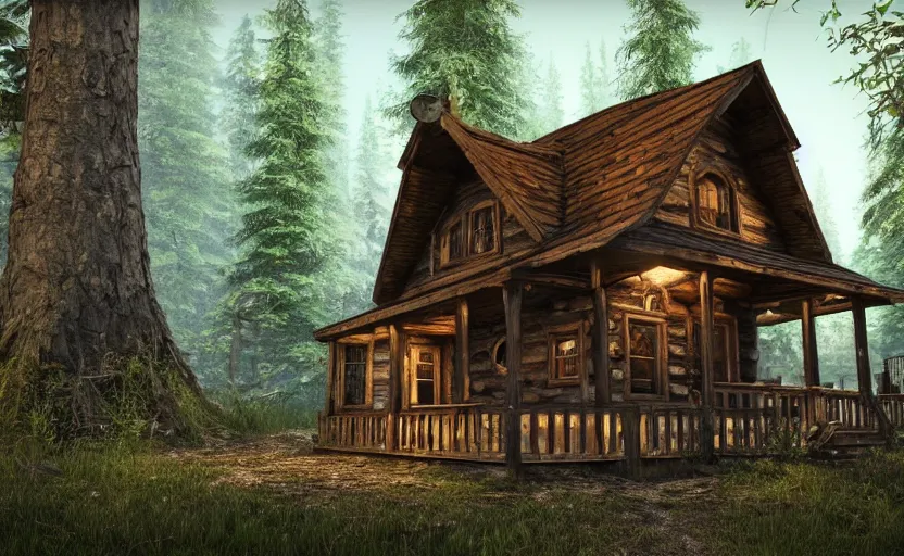 Image similar to photorealistic steampunk cabin in the forest. daylight stars. light fixtures. 8K. detailed. photorealism. artstation. 14 mm. ultra realistic