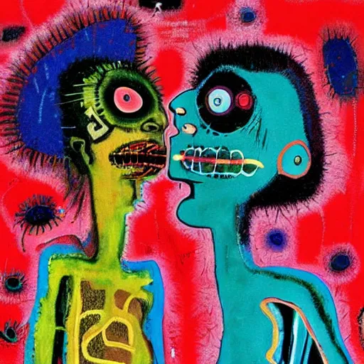 Image similar to abstract painting of two bizarre psychedelic women kissing each other closeup on an alien planet, speculative evolution, mixed media collage by basquiat and junji ito, magazine collage art