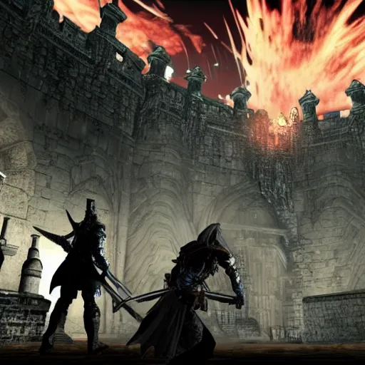 Image similar to gameplay screenshot of the game dark souls as an anime movie, a dark souls final boss battle in anor londo in the style of anime