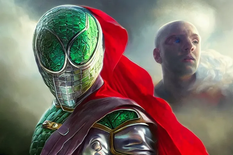 Image similar to Mysterio, crossing his arms, wearing a reflective dome on his head and a big red cape appearing gigantic emerging from a cloud of green smoke, trending on Artstation, highly detailed, HD wallpaper, 4k, photorealistic, digital art, art by artgerm and Greg Rutkowski and Alphonse Mucha