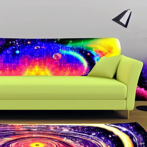 Image similar to psychedelic trippy couch in space, planets, milky way, sofa, cartoon