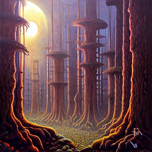 Prompt: an ancient futuristic druidic village in the woods, painting by jeffrey smith