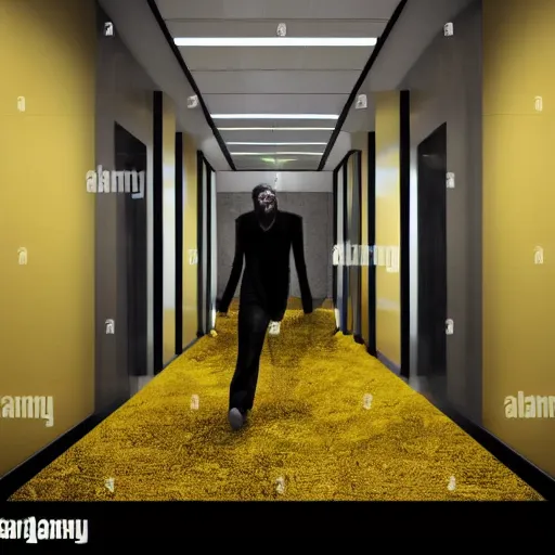 Image similar to a tall black skinny, intelligent and menacing monster is roaring from behind a wall in a cramped empty liminal office hallway with dull yellow wallpaper and old moist yellow carpet, tilted frame, intricate, fluorescent lighting lit from above, ultra 4 k, intricate, realistic