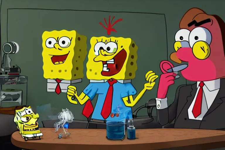 Prompt: SpongeBob smoking weed with Elon musk on a podcast, 4k Photorealistic