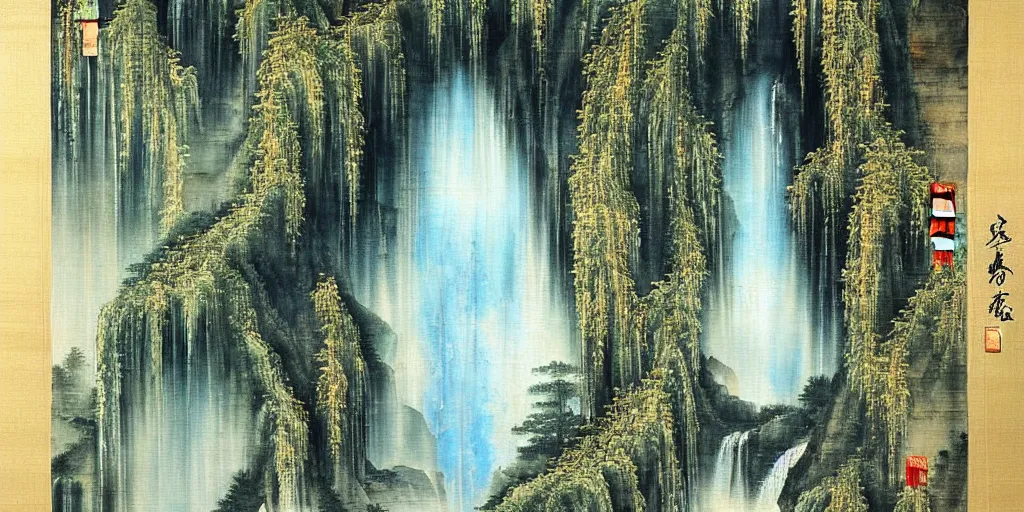 Image similar to “ large ancient gate to other world in the center of waterfall in chinese watercolor painting, oil painting, masterpiece, aesthetic ”