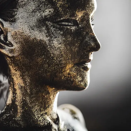 Image similar to a woman made out of metal who's rusting on her arms, 5 0 mm lens, f 1. 4, sharp focus, ethereal, emotionally evoking, head in focus, volumetric lighting, blur dreamy outdoor,