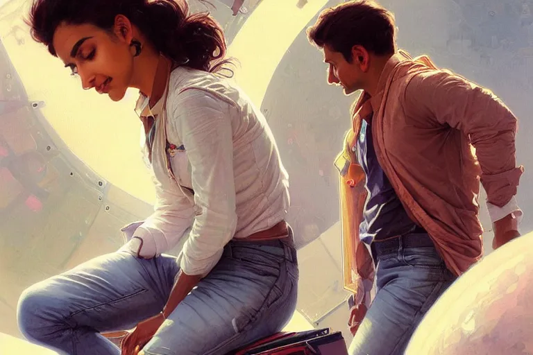 Prompt: Exhilarated good looking pale young Indian doctors wearing jeans in a space station above Earth, portrait, elegant, intricate, digital painting, artstation, concept art, smooth, sharp focus, illustration, art by artgerm and greg rutkowski and alphonse mucha