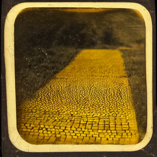 Prompt: tintype photo of the yellow brick road