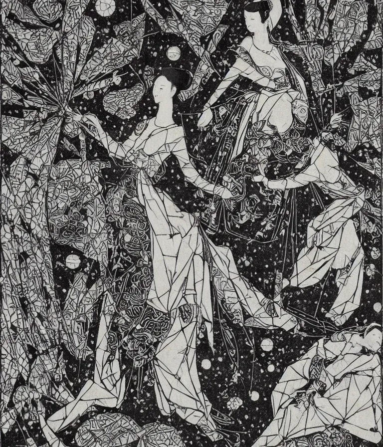 Prompt: Beautiful Geometric print of a Beautiful Elegant Wraith made of glass shards Dancing in her Garden, in the blackness of outer space in the style of Sharaku and Albrecht Durer, high contrast!! finely carved woodcut engraving black and white crisp edges