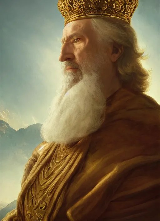 Prompt: wisened philosopher king (an absolute monarch of his wealthy european kingdom) resides on his trone, his gaze transfixed on the horizon of the infinite timespan, highly detailed DnD portrait by Raffaello Ossola and Ross Tran and Greg Rutkowski, stunning detail, 8k, 4k