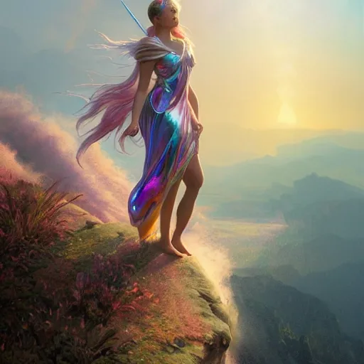 Image similar to a iridescent unicorn looking off a cliff that shows a covered in toxic smog, ultra realistic, concept art, intricate details, highly detailed, photorealistic, octane render, 8 k, art by artgerm and greg rutkowski and alphonse mucha