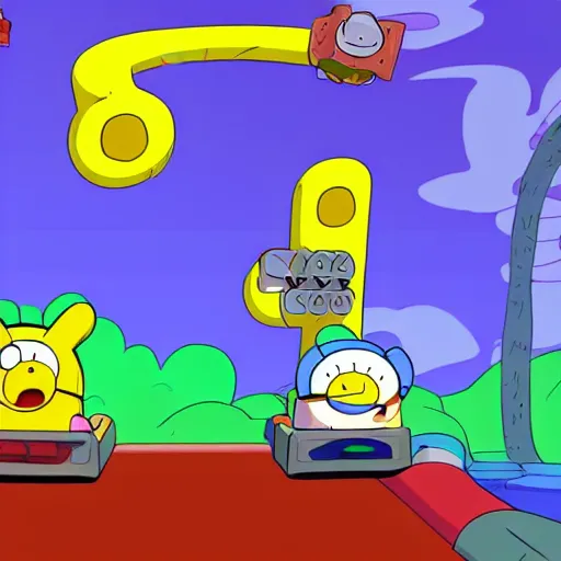 Image similar to adventure time Finn & Jake riding Mario karts level, cartoon video game graphics