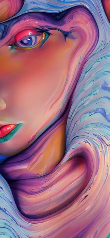 Image similar to 3 d female body silhouette sleeping in marbling liquid acrylic fluid, cinestill, bokeh photography, photography by amy leibowitz and volfgang schneider, bodypainting, painting by morava and goldalh, artstation, epic concept art, beautiful female face matte painting