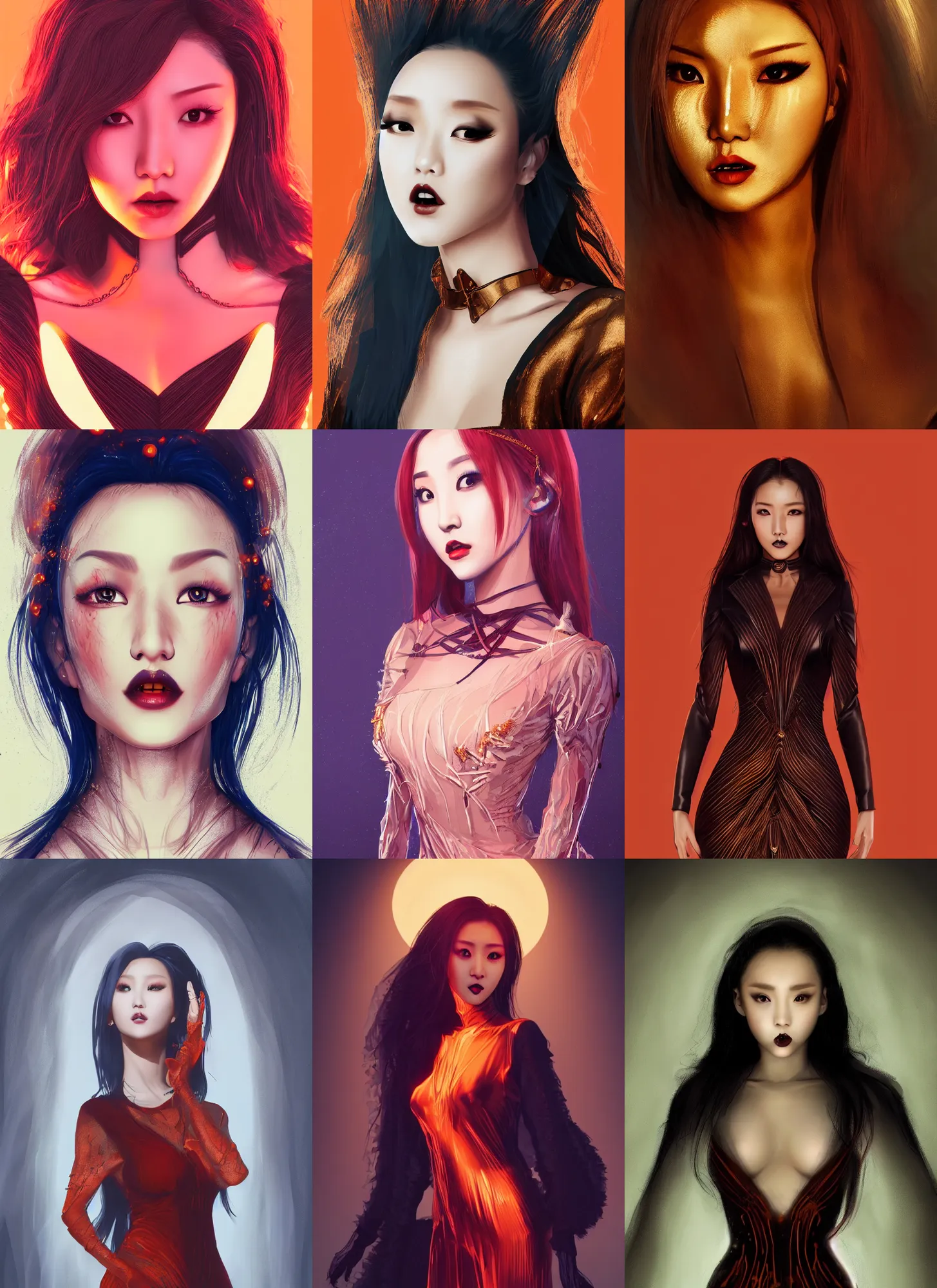 Prompt: hwasa as a vampire. wearing intricate styled dress, semi realism, anime realism, symmetrical face, slim face, appealing, photorealism, uhd, amazing depth, glowing, golden ratio, sakimichan, greg rutowski, volumetric lighting, cinematic lighting, red orange lighting, artstation concept art