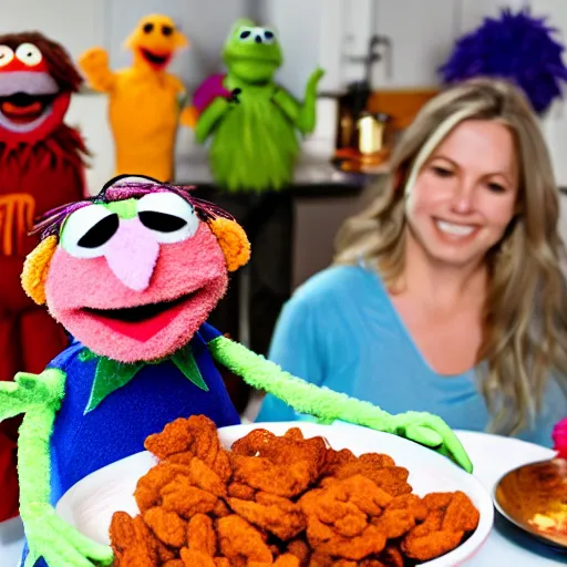 Prompt: a woman eating a muppet, next to a bowl full of muppets