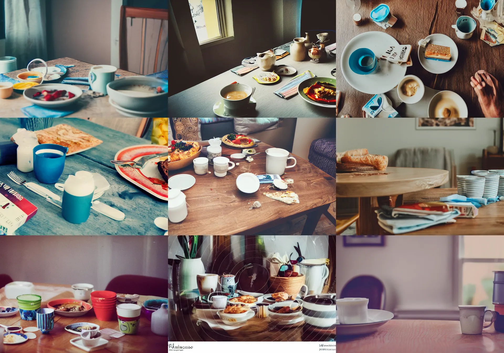 Prompt: home photography portrait, A dining table in dining room, cups, a milk package, meals, breakfast ; mess, dirty, summer, Color VHS picture quality with mixed noise