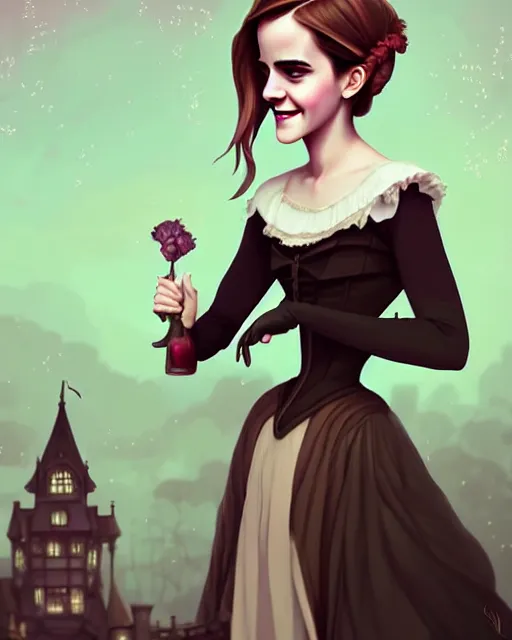 Image similar to beautiful full body Emma Watson goofy smiling dressed in victorian style fashion, photographic castle gardens background illustration by lois van baarle and loish and ross tran and rossdraws and sam yang and samdoesarts and artgerm, digital art, highly detailed, intricate, sharp focus, Trending on Artstation HQ, deviantart