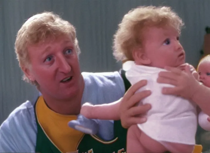 Image similar to film still of Larry Bird holding a baby in the new Three Men and a Baby movie, 8k