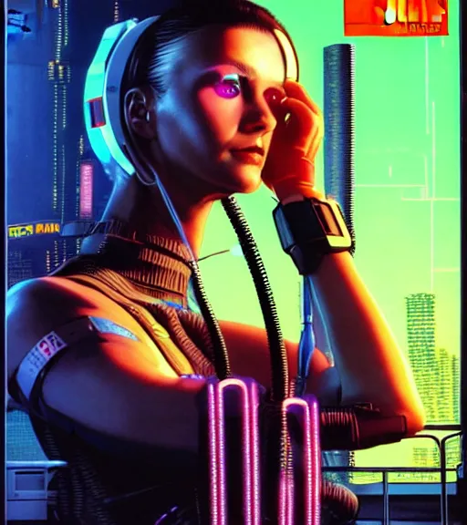 Image similar to cable inserted into head, jacked into cyberdeck wrist terminal, very very beautiful cyberpunk woman, computer, 1 9 7 9 omni magazine cover, style by vincent di fate, cyberpunk 2 0 7 7, very coherent, detailed, 4 k resolution, unreal engine, daz