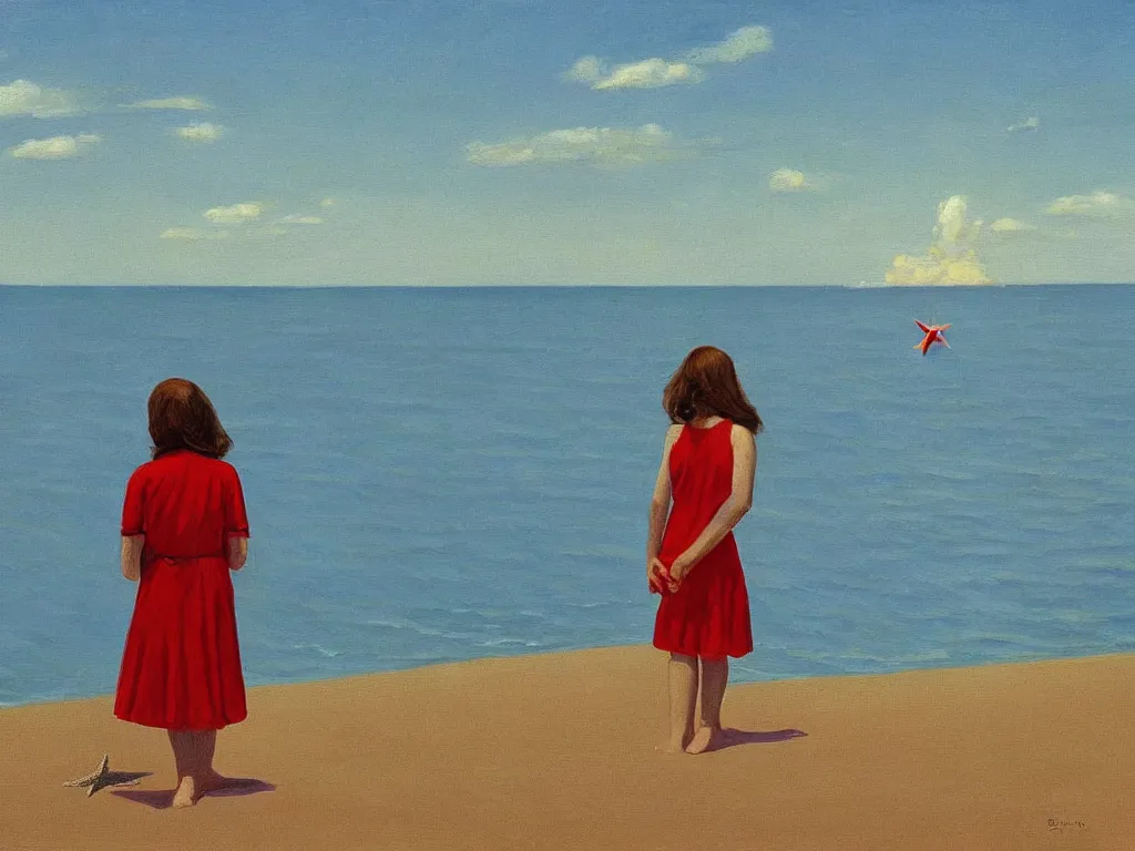 Prompt: lone girl at the beach, 7 0 s, starfish on the shore, stanley kubrick the shinning, american gothic, vibrant colors americana, cinematic, volumetric lighting, ultra wide angle view, realistic, detailed painting in the style of edward hopper and rene magritte