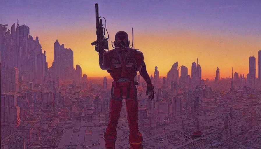 Prompt: Sun setting in a utopian futuristic cityscape with a bounty hunter in the foreground, by Jean Giraud, by Moebius, highly detailed, oil on canvas