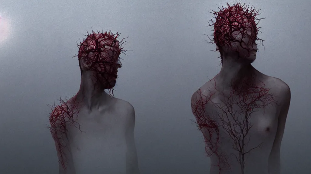 Prompt: the wax head breaches insanity on another level of existence, thorns cover the skin, film still from the movie directed by Denis Villeneuve with art direction by Zdzisław Beksiński, wide lense