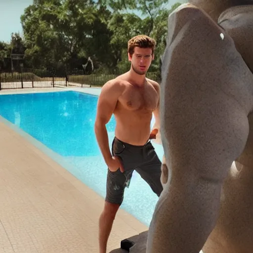 Image similar to a realistic detailed photo of a guy who is an attractive humanoid who is half robot and half humanoid, who is a male android, actor liam hemsworth, shiny skin, posing like a statue, blank stare, by the pool, on display, showing off his muscles