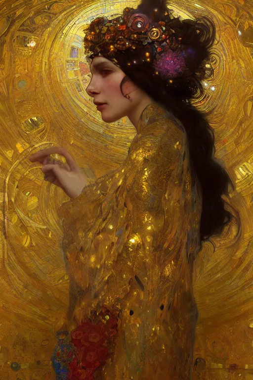 Image similar to an intricate artistic klimt golden motives and textures, hyper detailed, ornamental gold headpiece, octane render, vivid colors, artstation, by jeremy mann, by alphonse mucha, by boris vallejo