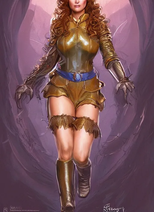 Image similar to beautiful female dorothy gale, rebecca romijn as dorothy, full body character concept, covered in full leather armor, art nouveau, super powers, fantasy, intricate, elegant, highly detailed, digital painting, artstation, concept art, shining, sharp focus, illustration, art by stanley lau