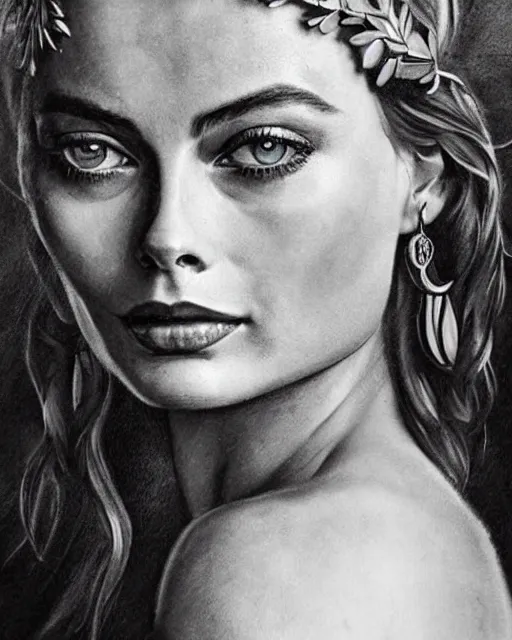 Image similar to realism tattoo sketch of margot robbie as a beautiful greek goddess aphrodite with piercing eyes wearing a laurel wreath and triangle earrings, in the style of greg rutkowski, amazing detail, confident