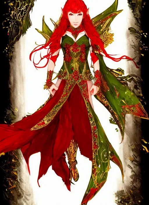 Image similar to Full body portrait of a beautiful red haired elven queen wearing red, green and gold queen dress and elaborate golden crown, bored look. In style of Yoji Shinkawa and Hyung-tae Kim, trending on ArtStation, dark fantasy, great composition, concept art, highly detailed.