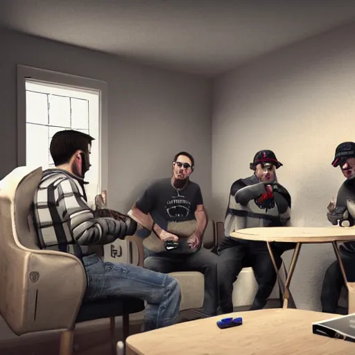 Prompt: photorealistic picture of 5 guys playing counter strike in small room in a team called okayboomers raging and drinking coffee, russia, diversity, grayscale, masterpiece