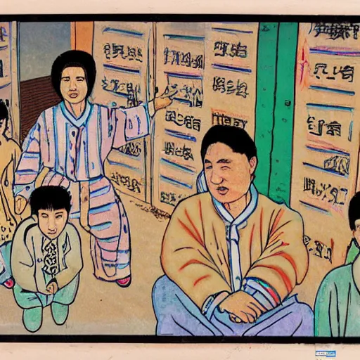 Prompt: a uyghur family in a prison, in the style of daniel johnston and outsider art, 4k, overlaid with chinese text