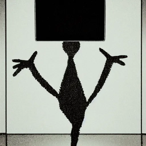 Prompt: creature made of black goo with a television as a head, grainy photo