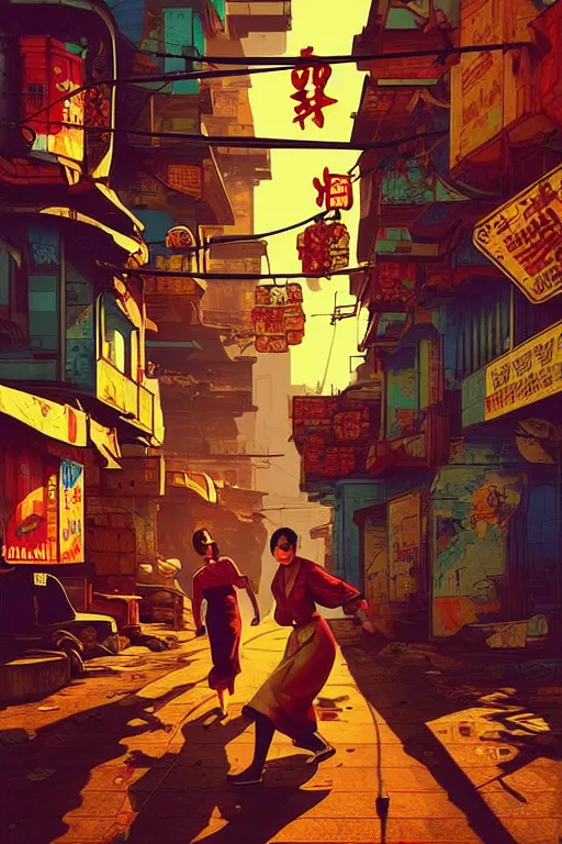 Image similar to slum neighbourhood. pop art, pixel, bioshock art style, gta chinatown art style, dynamic composition, sharp focus, intricate details, elegant, aesthetic, warm colour, art by artgerm and richard hamilton and mimmo rottela