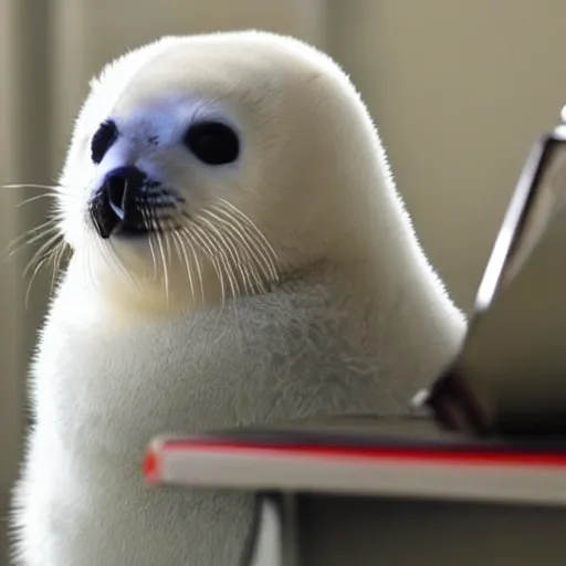 Image similar to a baby harp seal reading nuclear weapon plans in a well - appointed office, photo, gentle bokeh