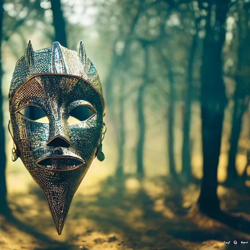 Image similar to wraith pagan wearing iridescent metallic dogon tribal mask standing in a clearing in the deep forest, rays of the sun, caustics, realistic, photography, photojournalism, national geographic photoshoot, inner glow, shimmer, sparkle, smoke, dust