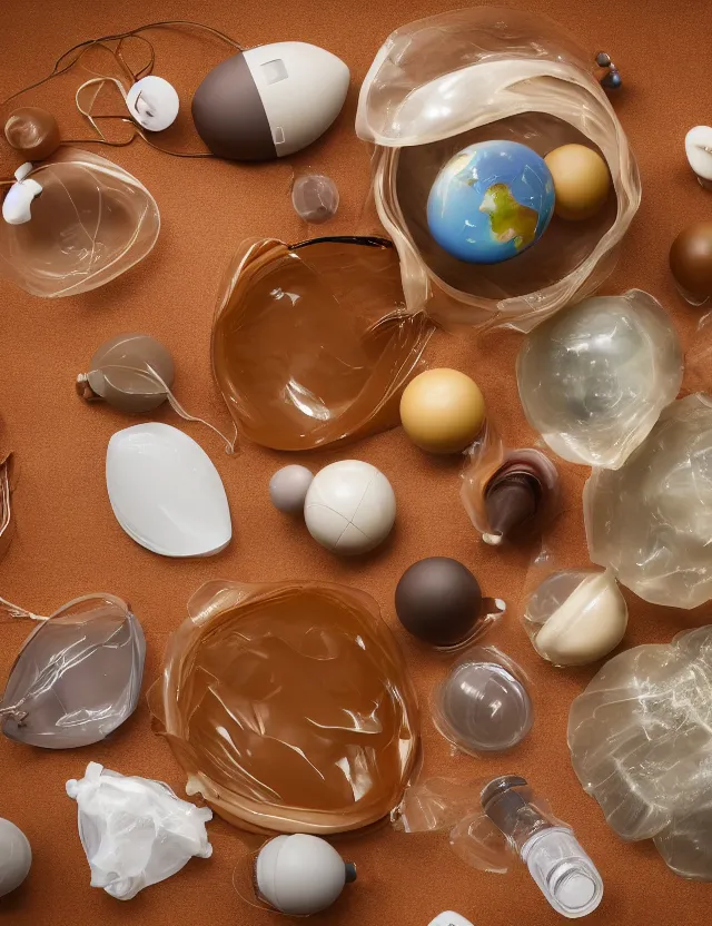 Image similar to a well - lit studio photograph of various earth - toned plastic toys floating in a kidney - shaped bowl of water, some wrinkled, some long, various sizes, textures, and transparencies, beautiful, smooth, detailed, inticate