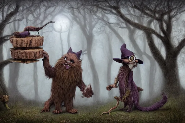 Image similar to old wizard and his forest furry creature matte painting, 3 d highly detailed, in the style of mark ryden