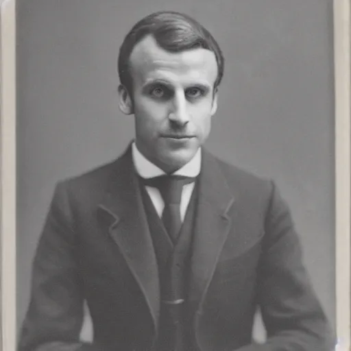 Image similar to photograph of emmanuel macron by edwardian, male, 1 9 0 0 s, 1 9 1 0 s, grainy, slightly blurry, faded, realistic face