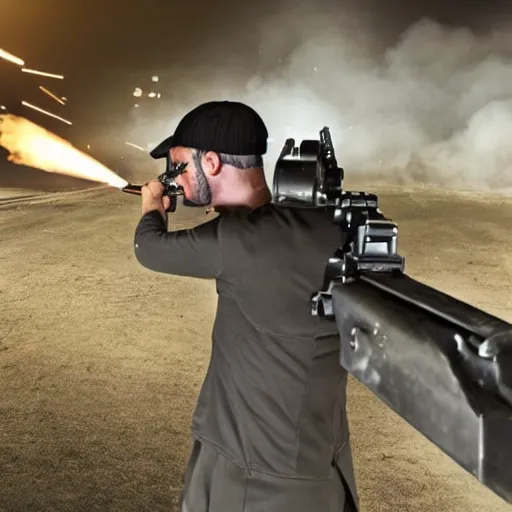 Image similar to a man shooting a machine gun in a shooting range, guns blazing, muzzle flashes showing