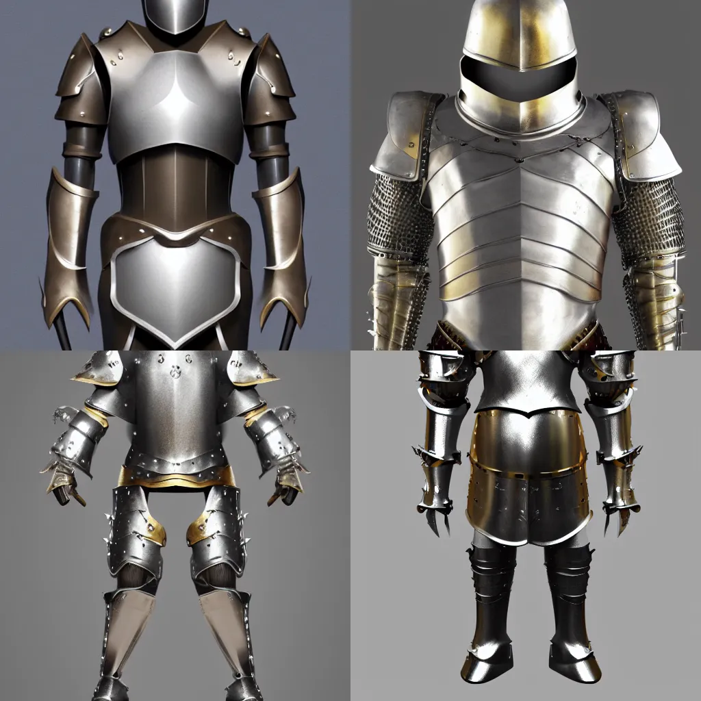 Prompt: An incredible suit of medieval fantasy armor, all-metal, extremely clean, minimal, uncluttered, very professional, front orthographic, smooth digital art, silver armor with thin gold trim, trending on artstation