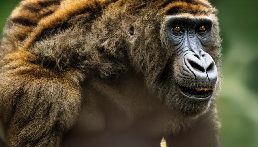 Image similar to a tiger gorilla!!! hybrid! hyper realistic!! realistic lighting!! wildlife photographer of the year!!! bold natural colors, national geographic, hd, wide angle, 8 k