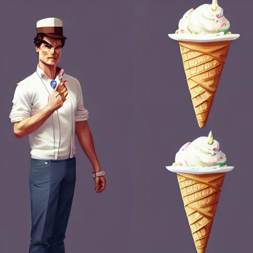 Prompt: full body anthropomorphic ice cream man cone resembling rob lowe!, fantasy, sci - fi, by charlie bowater, artgerm, ilya kuvshinov, krenz cushart, ruan jia, realism, ultra detailed, 8 k resolution